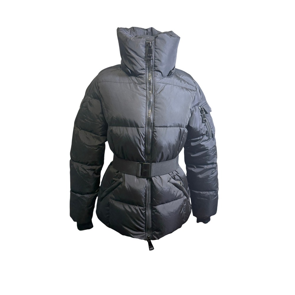 SAM. New York Soho Puffer Jacket Women L Black Belted Down Fill Missing Hood
